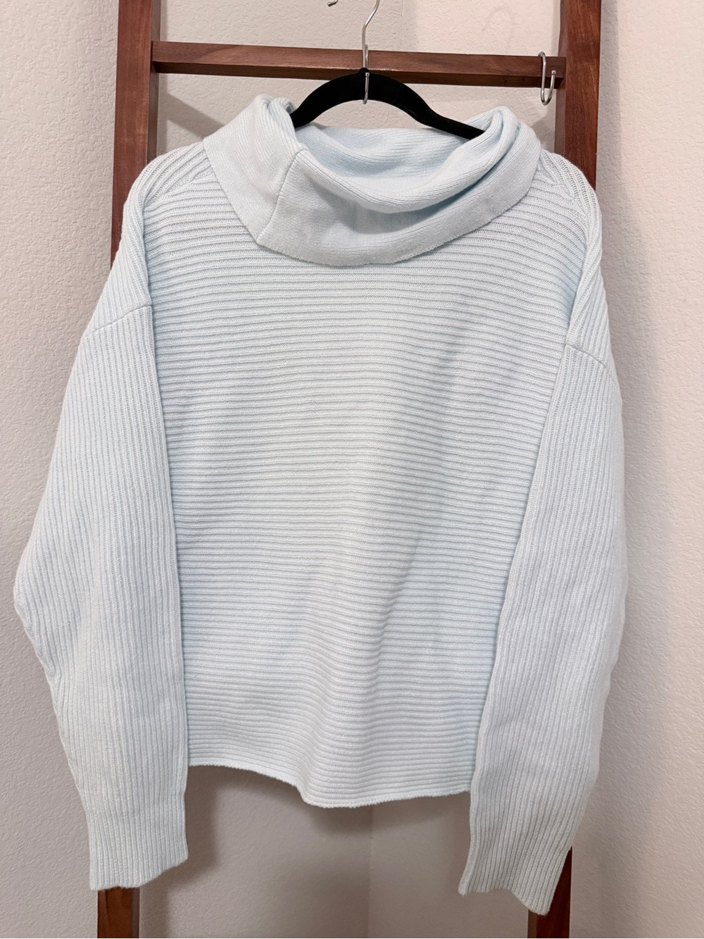 Cozy Light Blue Ribbed Cowl Neck Women's Sweater
